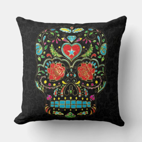 Colorful Floral Sugar Skull Red Roses Throw Pillow