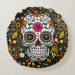 Colorful Floral Sugar Skull Retro Flowers Round Pillow