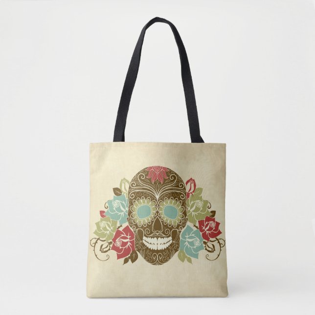 Colorful Floral Sugar Skull Tote Bag (Front)