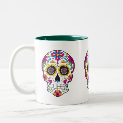Colorful floral sugar skull Two_Tone coffee mug