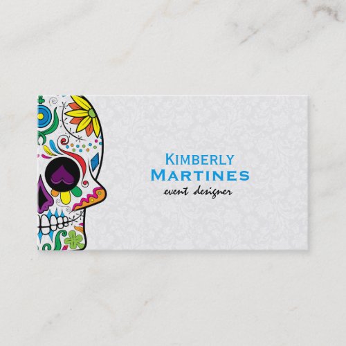 Colorful Floral Sugar Skull  White Damasks 2 Business Card