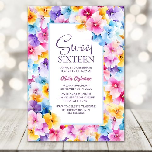 Colorful Floral Sweet 16th Birthday Party Invitation
