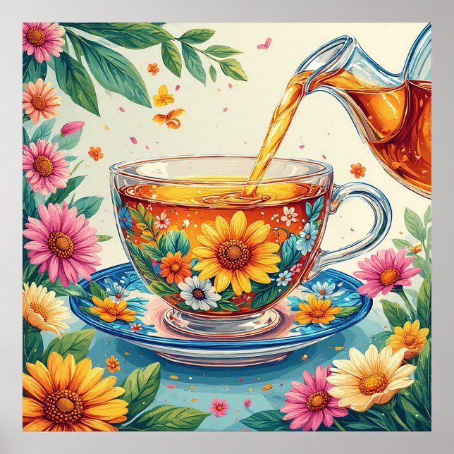 Colorful Floral Teacup with Pouring Herbal Tea Poster (Front)