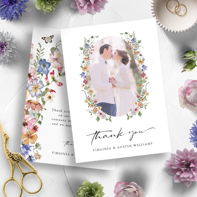 Colorful Floral Thank You Card (Colorful Watercolor Wildflower Wedding Thank You Photo Card by Painted Paperie)