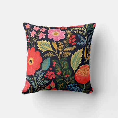 Colorful floral throw pillow _ black background 