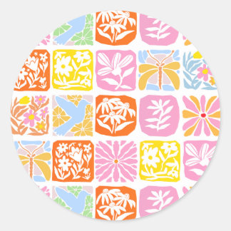 Colorful Floral Tile Botanical Folk Whimsical Classic Round Sticker