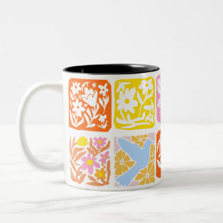  Colorful Floral Tile Botanical Folk Whimsical  Two-Tone Coffee Mug