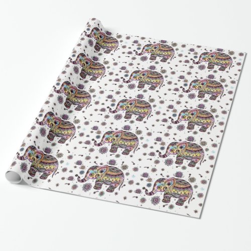 Colorful Floral Tribal Elephant Pattern Wrapping Paper