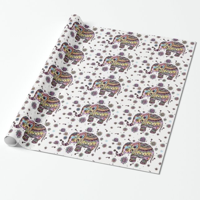 Colorful Floral Tribal Elephant Pattern Wrapping Paper (Unrolled)