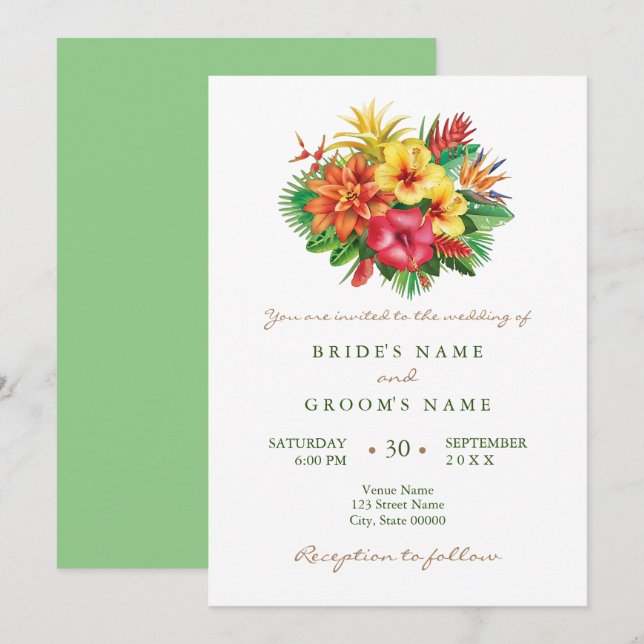 Colorful floral tropical wedding invitation (Front/Back)