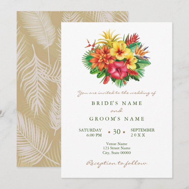 Colorful floral tropical wedding invitation (Front/Back)