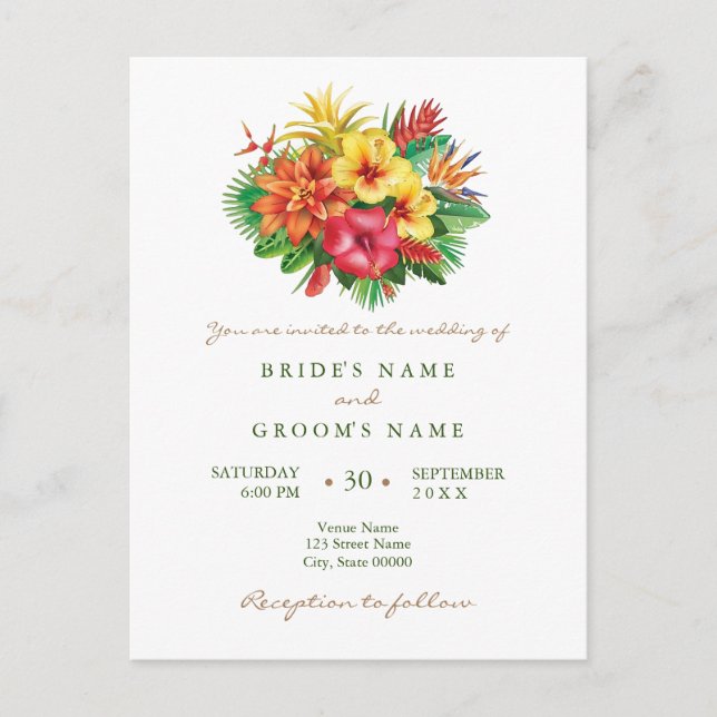 Colorful floral tropical wedding invitation postcard (Front)
