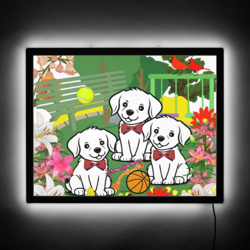 Colorful Floral Tropical White Cute Puppies Dog  LED Sign