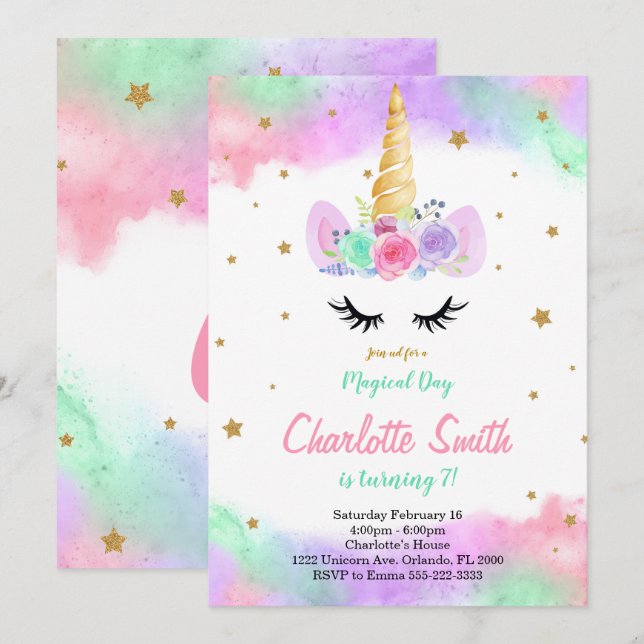 Colorful Floral Unicorn Invitation (Front/Back)