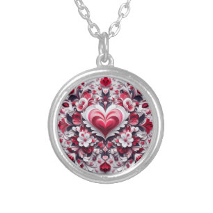 Colorful, floral valentine's day heart silver plated necklace