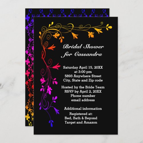 Colorful Floral Vines Bridal Shower Black BKGD Invitation