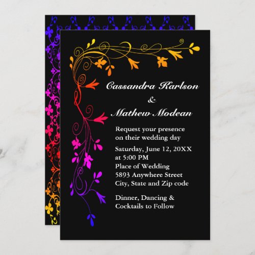 Colorful Floral Vines on Black Background Wedding Invitation