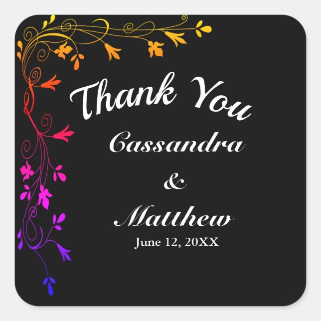 Colorful Floral Vines on Black Background Wedding Square Sticker (Front)