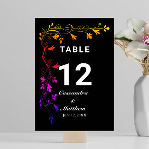 Colorful Floral Vines on Black Background Wedding Table Number