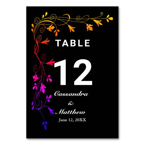 Colorful Floral Vines on Black Background Wedding Table Number