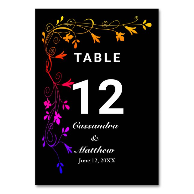 Colorful Floral Vines on Black Background Wedding Table Number (Front)