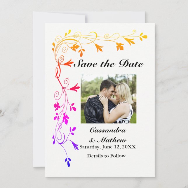Colorful Floral Vines with Photo Save Date Card (Front)