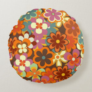 Colorful Floral vintage Seamless Pattern. Retro 70 Round Pillow