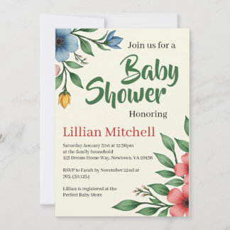 Colorful Floral Watercolor Baby Shower Invitation