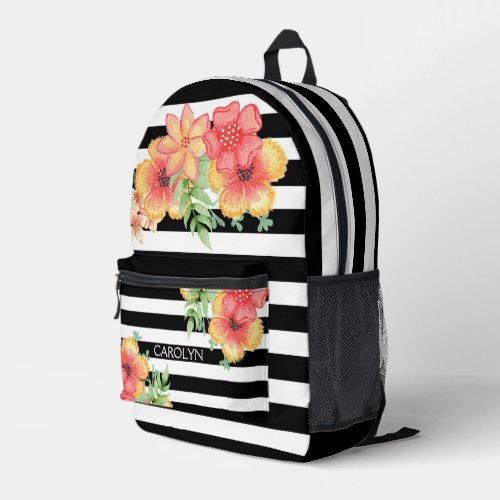 Colorful Floral Watercolor Black White Art Stripes Printed Backpack