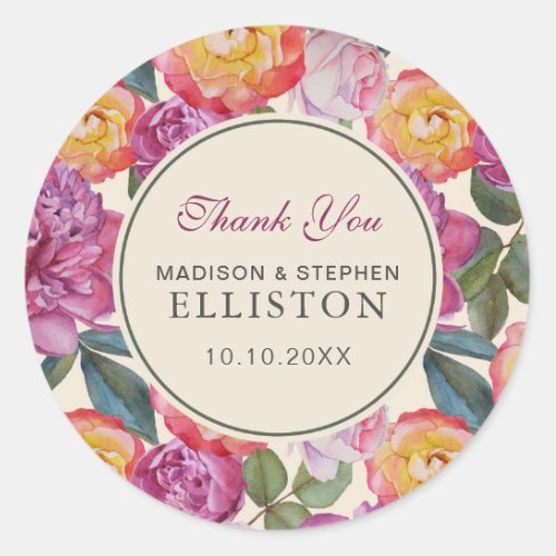 Colorful Floral Watercolor Bouquet  Thank You Classic Round Sticker