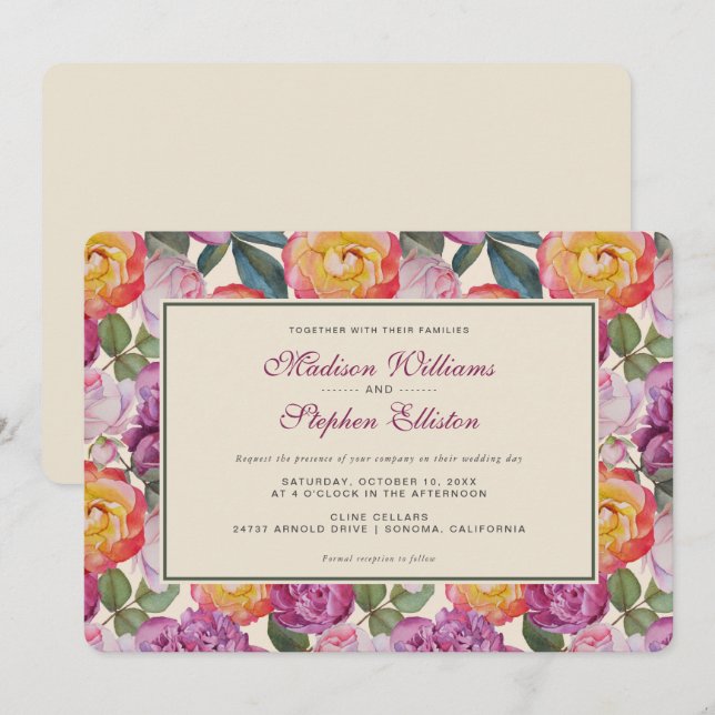 Colorful Floral Watercolor Bouquet - Wedding Invitation (Front/Back)
