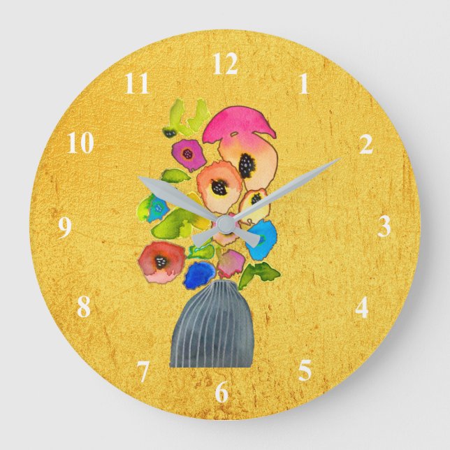 Colorful floral watercolor flowers large clock (Front)