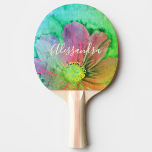 Colorful Floral Watercolor Monogram Name Botanical Ping Pong Paddle
