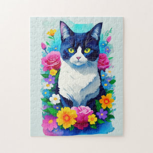 Colorful Floral Watercolor Painted Cat Jigsaw Puzzle