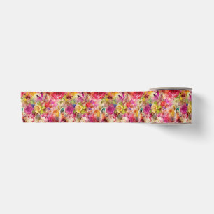 Colorful Floral Watercolor Rose Garden Pattern Satin Ribbon