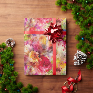Colorful Floral Watercolor Rose Garden Pattern Wrapping Paper