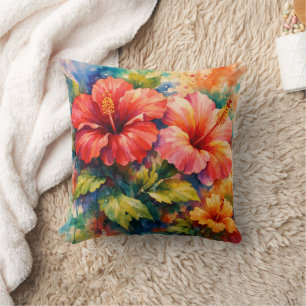 Colorful Floral Watercolor Style Hibiscus Art Throw Pillow