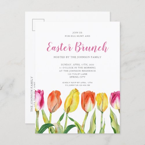 Colorful Floral Watercolor Tulip Easter Brunch  Invitation Postcard