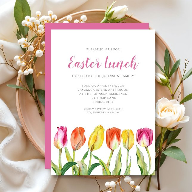 Colorful Floral Watercolor Tulip Easter Lunch Invitation (Colorful Floral Watercolor Tulip Easter Lunch Invitation)