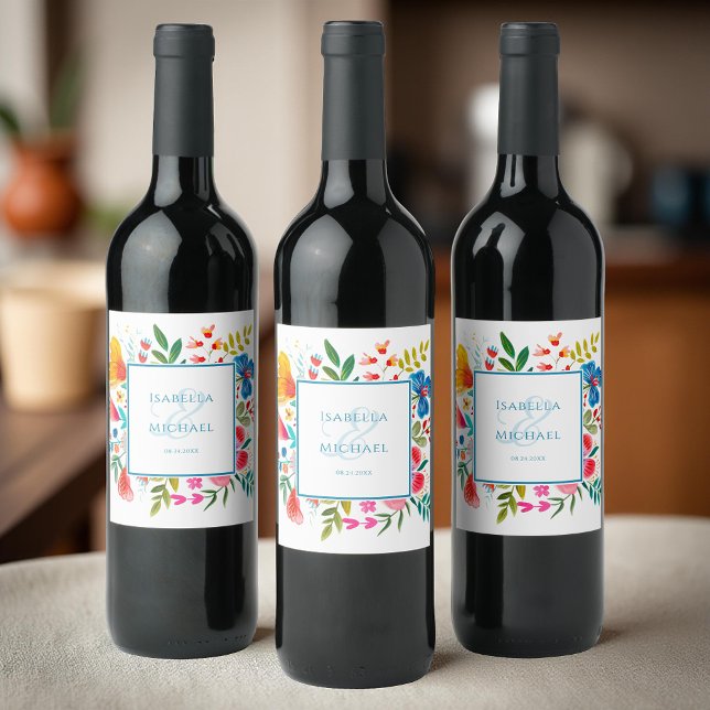 Colorful Floral Watercolor Wedding  Wine Label (Creator Uploaded)