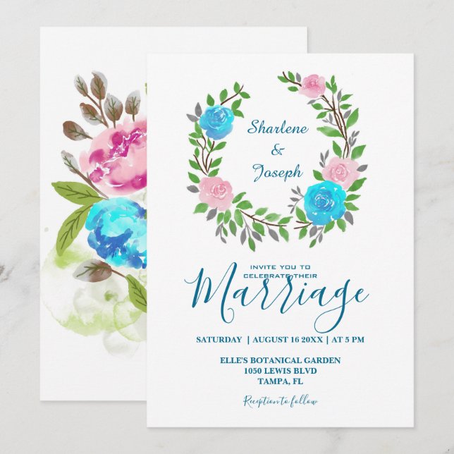 Colorful Floral Watercolor Wreath Wedding Invitation (Front/Back)
