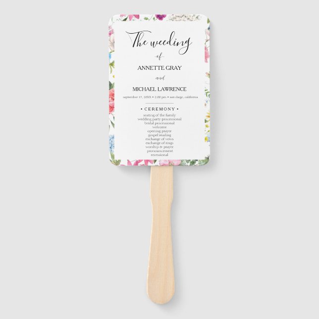 Colorful Floral wedding ceremony program Hand Fan (Front)