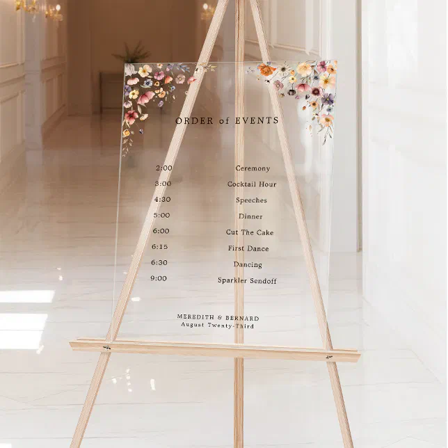 Colorful Events Sign Colorful Floral Wedding Order of Events Acrylic Sign | Zazzle