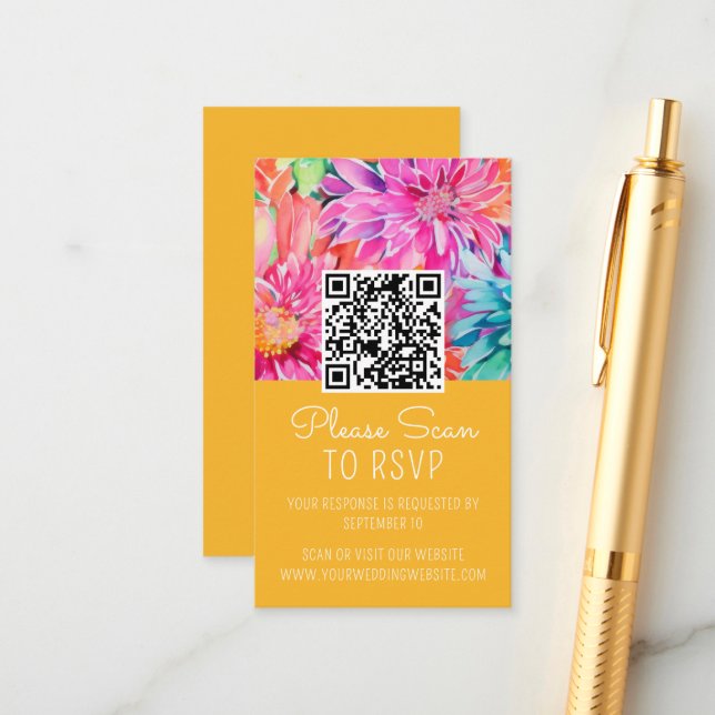 Colorful Floral Wedding QR Code Enclosure Card (Front/Back In Situ)