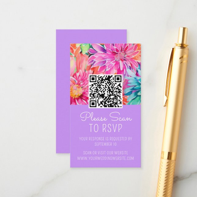 Colorful Floral Wedding QR Code Enclosure Card (Front/Back In Situ)