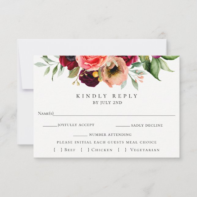 Colorful Floral Wedding RSVP With Meal Choice Card (Front)