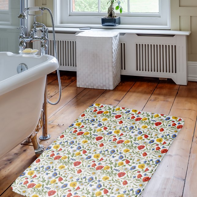 Colorful Floral Wildflower Pretty Modern Patterned Bath Mat (A bath mat with a colorful pattern of wildflowers)