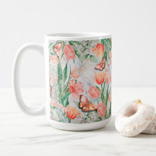 Colorful Floral With Butterflies and Tulip Design Coffee Mug