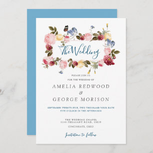 Colorful Floral Wreath And Butterfly Wedding Invitation