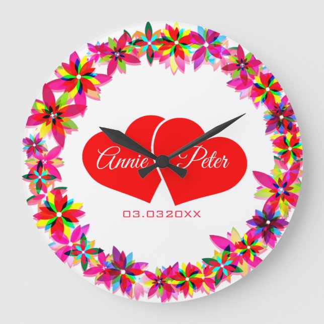 Colorful Floral Wreath And Red Hearts Large Clock (Front)